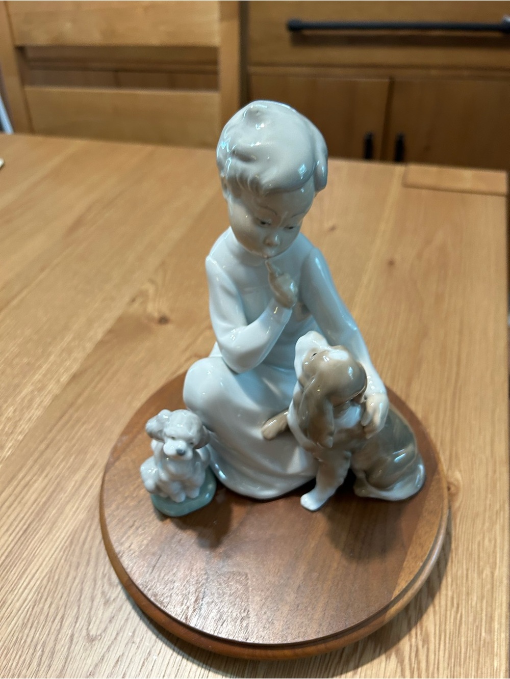 Lladro White and Brown Girl with Two Dogs Porcelain Statue